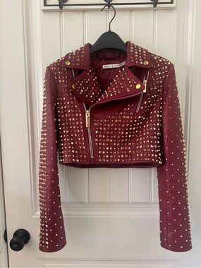 Alice + Olivia Burgundy Studded Cropped Moto Jacket